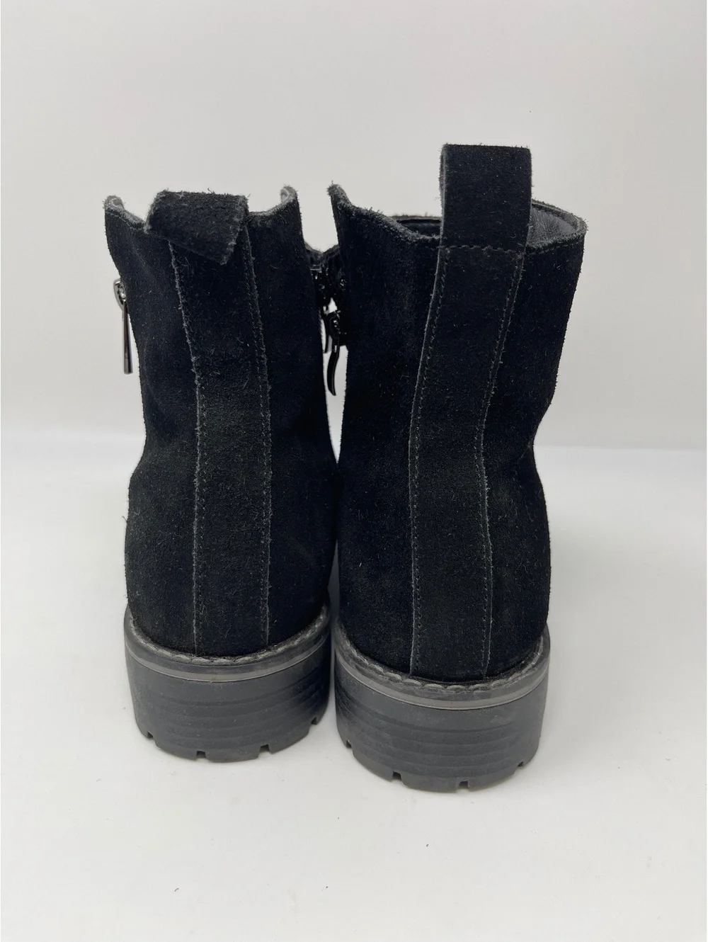 Women’s Black Suede Ankle Boots Size 8 Dual Side Zip Lug Sole Comfort Booties